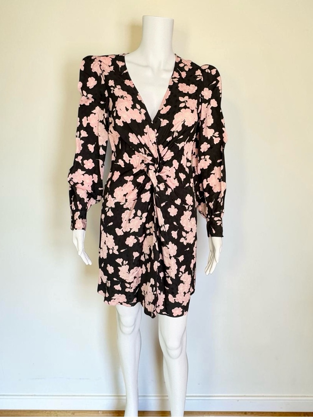 The Kooples Black Pink Floral Twist Front Mini Dress NWT 1